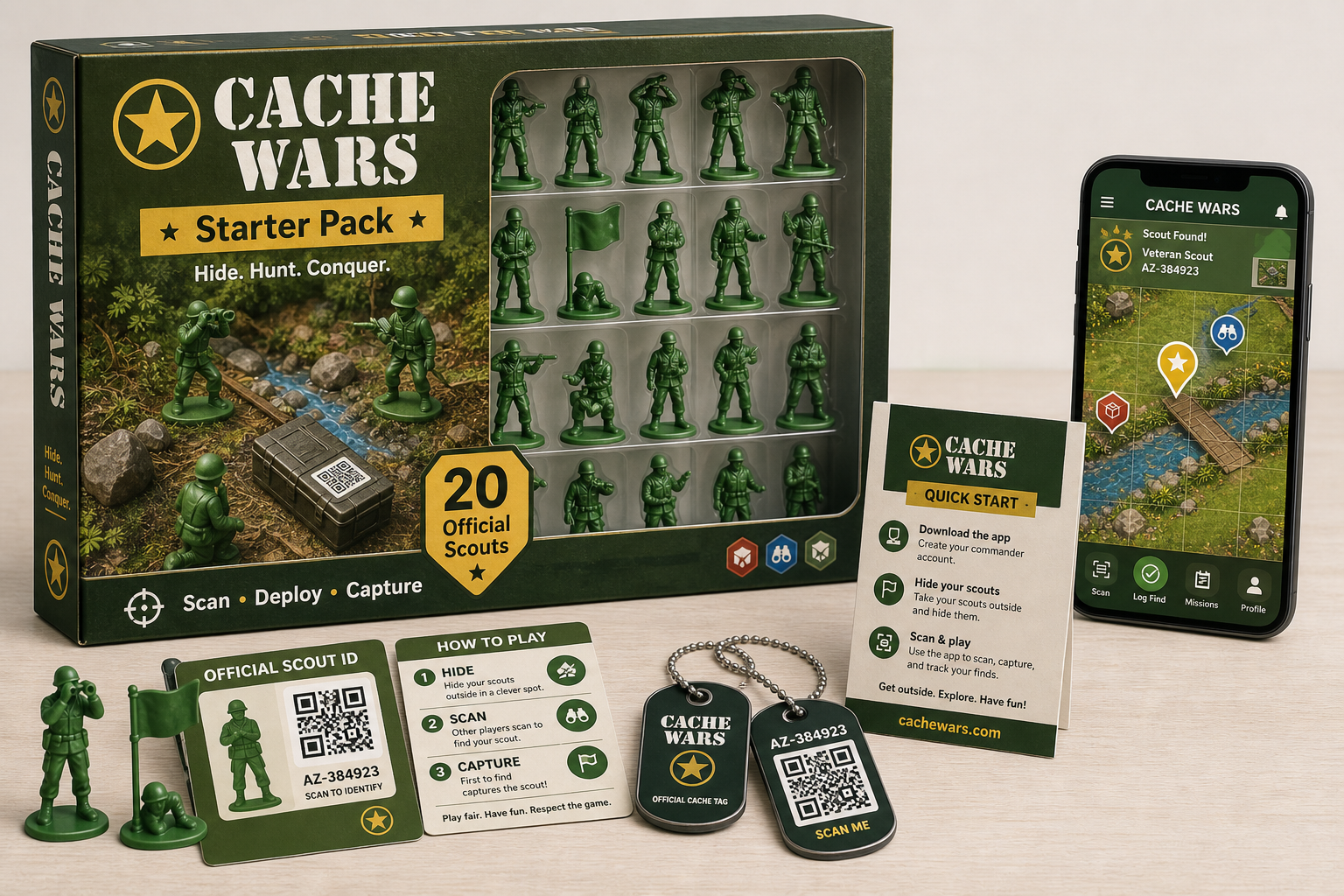 Cache Wars starter pack with official scouts, QR tags, and app preview